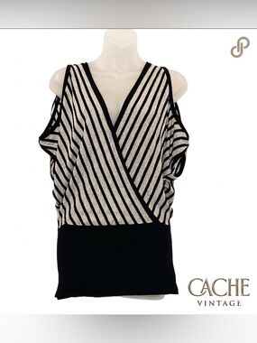Cache Vintage Y2K Peekaboo Shoulder Black Silver Metallic Striped Top Size Large
